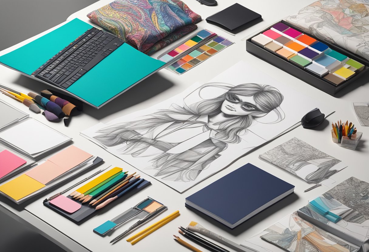A colorful array of fashion sketches arranged on a sleek desk, with swatches of fabric and design tools scattered around