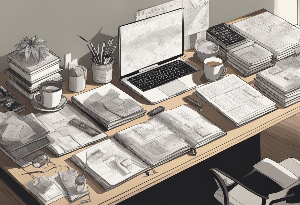 A fashion designer's desk cluttered with name books, sketches, and swatches. A brainstorming chart hangs on the wall. A cup of coffee sits nearby