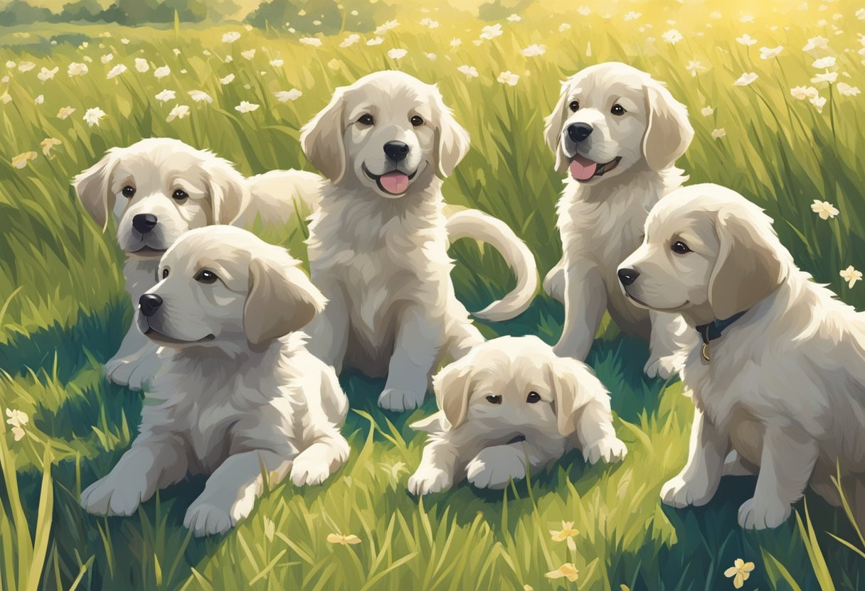 A group of playful puppies, all with names ending in y, romp through a sunlit meadow, their tails wagging happily