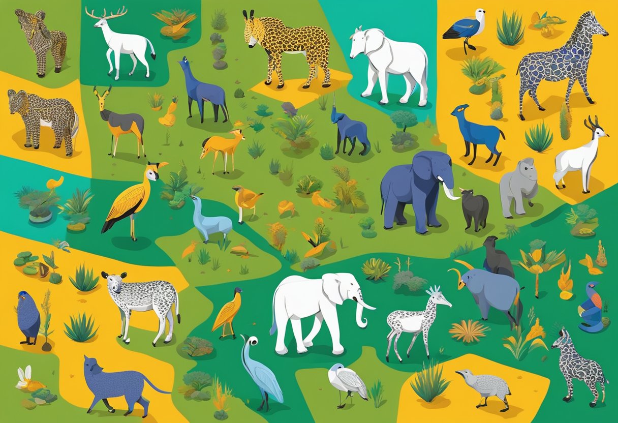 A colorful array of Tanzanian symbols and animals, each with a name and meaning, are displayed on a vibrant backdrop