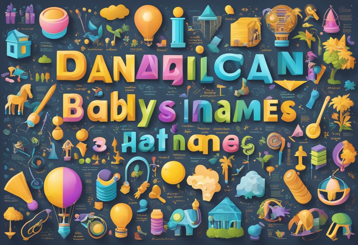 A colorful array of Tanzanian baby names and their meanings displayed on a vibrant backdrop, surrounded by brainstorming tools and symbols of creativity