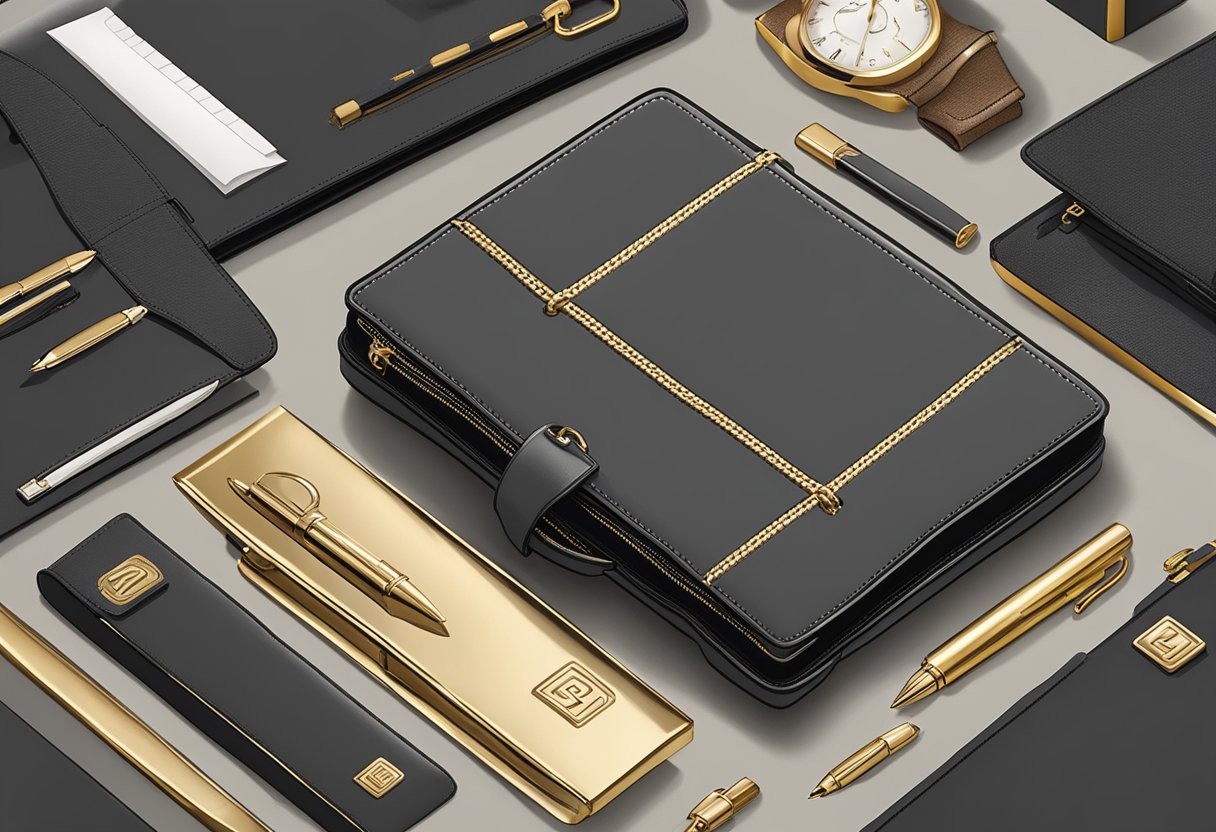 Richard's initials on a leather briefcase. A gold pen and monogrammed stationery. A sleek, modern office desk