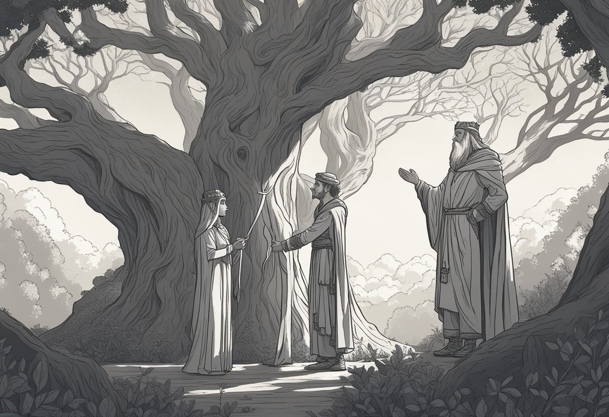 A male and female druid stand amidst ancient trees, casting spells with their hands raised towards the sky