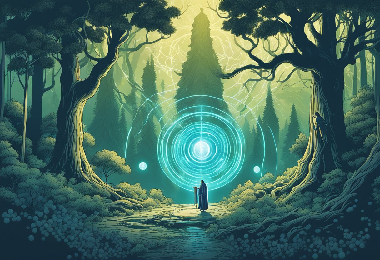 A male druid standing in a mystical forest, surrounded by ancient trees and glowing orbs of light, while a female druid performs a ritual with swirling energy around her
