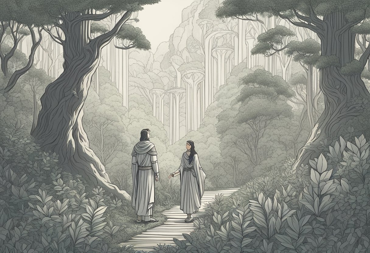A male and female druid stand amidst a lush forest, surrounded by mystical flora and fauna. They exude an aura of ancient wisdom and natural power