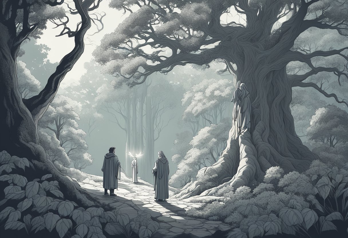 A male and female druid stand in a mystical forest, surrounded by ancient trees and magical creatures. The air is filled with a sense of wonder and mystery as they contemplate their next spell
