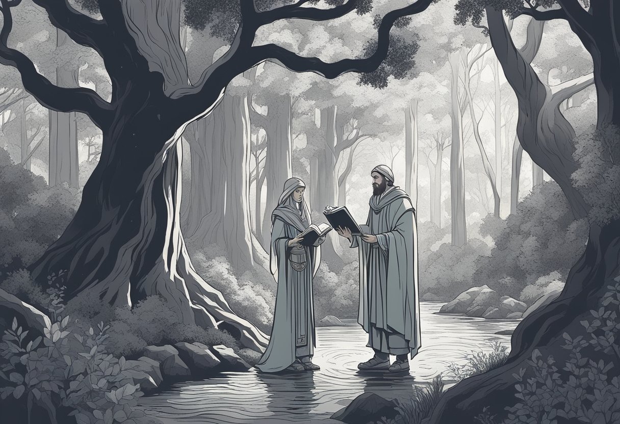 A male and female druid stand in a mystical forest, surrounded by ancient trees and shimmering streams. They hold a book of ancient names, deep in thought