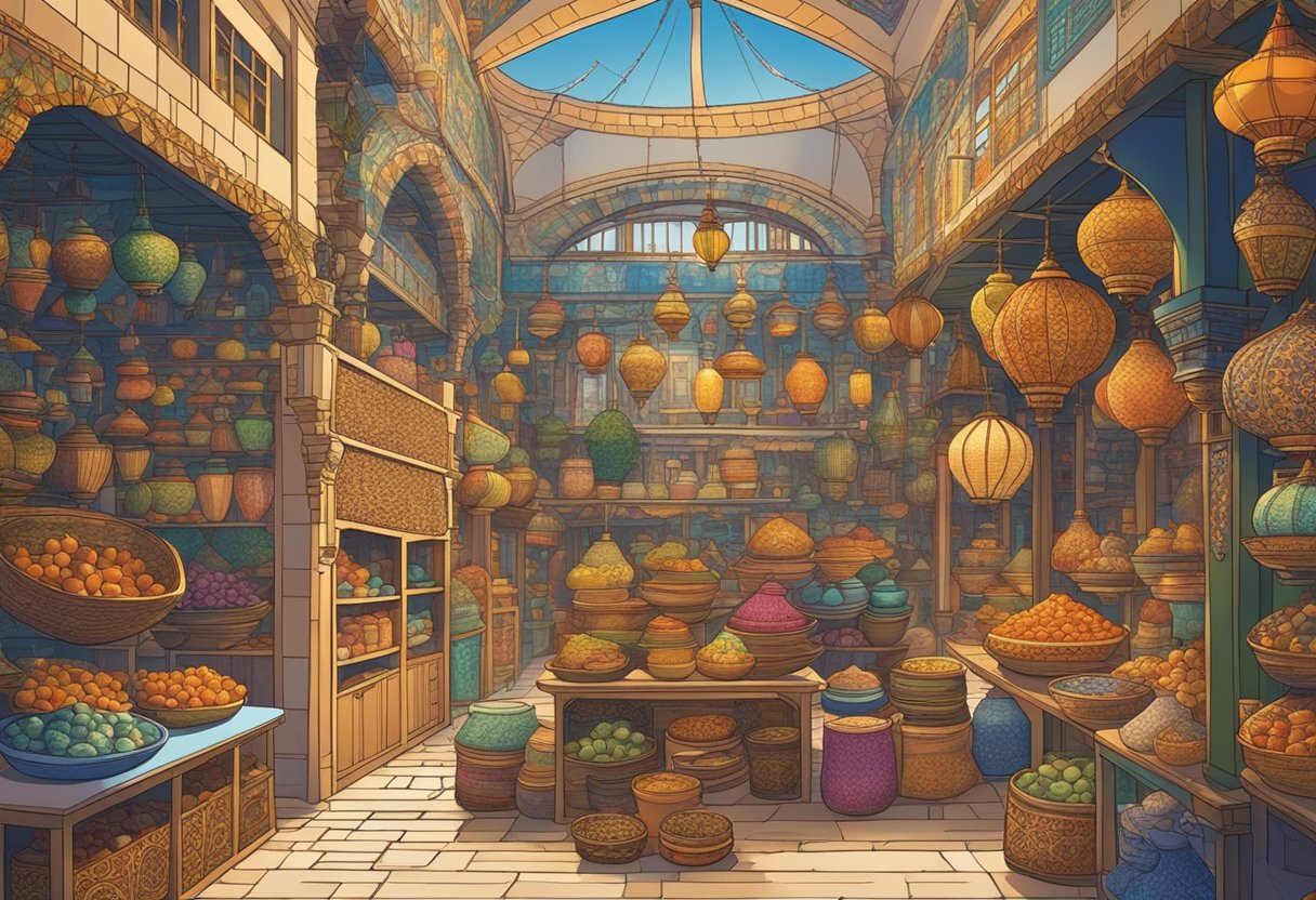 A vibrant marketplace with colorful textiles and pottery, surrounded by intricate tile patterns and ornate architecture
