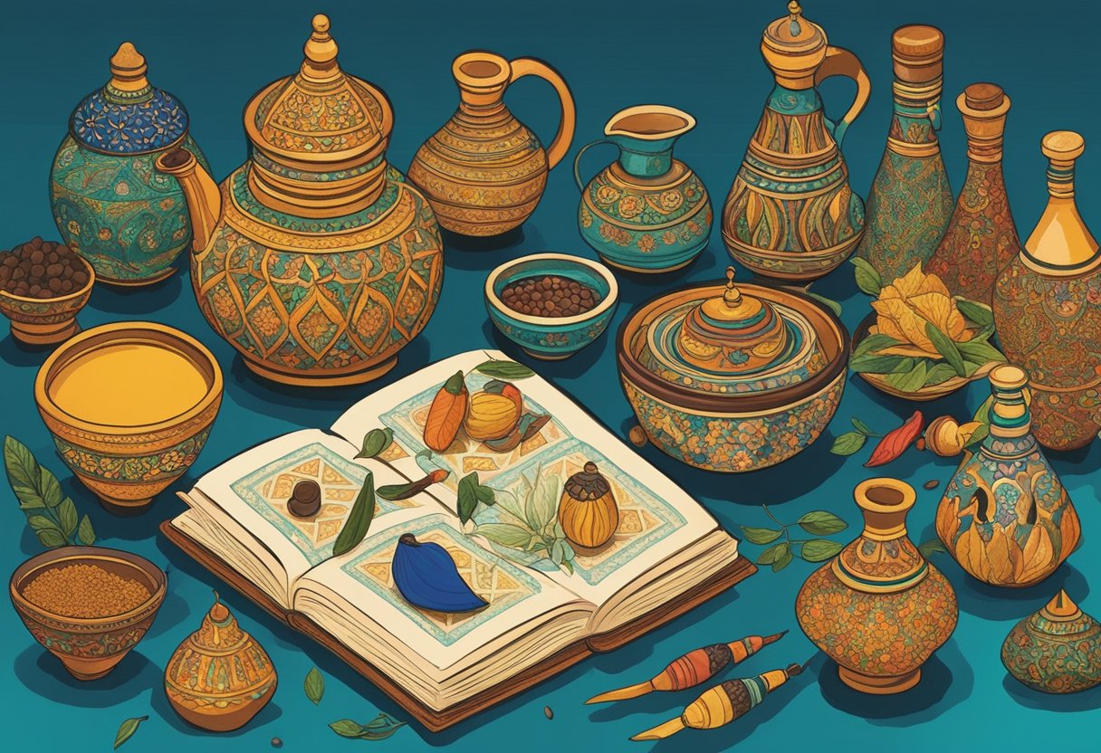 A colorful array of Moroccan-inspired objects, such as vibrant textiles, ornate ceramics, and exotic spices, are arranged on a table, with a notebook and pen ready for brainstorming