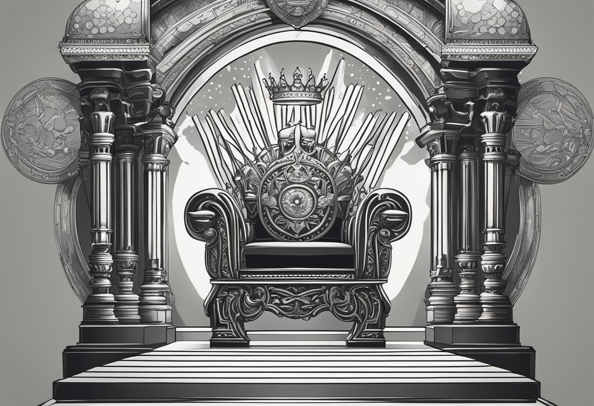 A crown resting on a regal throne, surrounded by symbols of authority and power