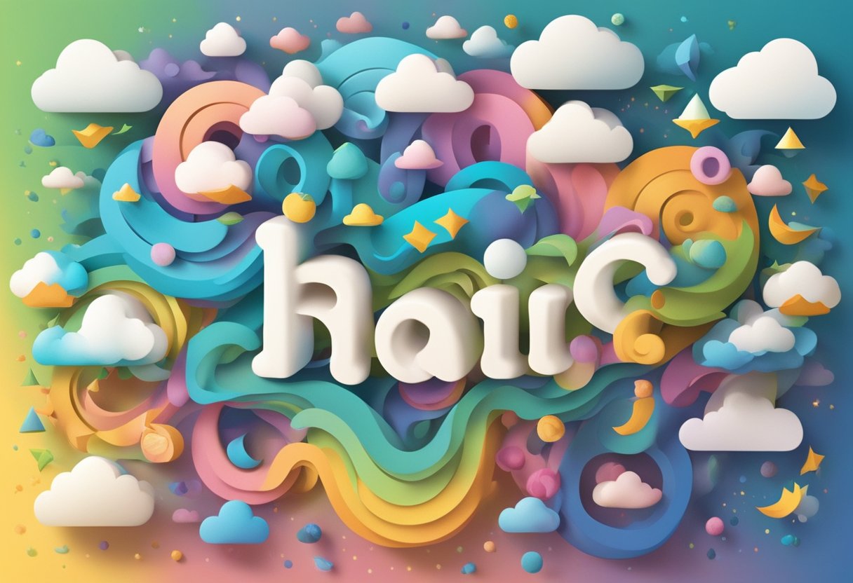 Colorful baby names swirling in a cloud above a crib