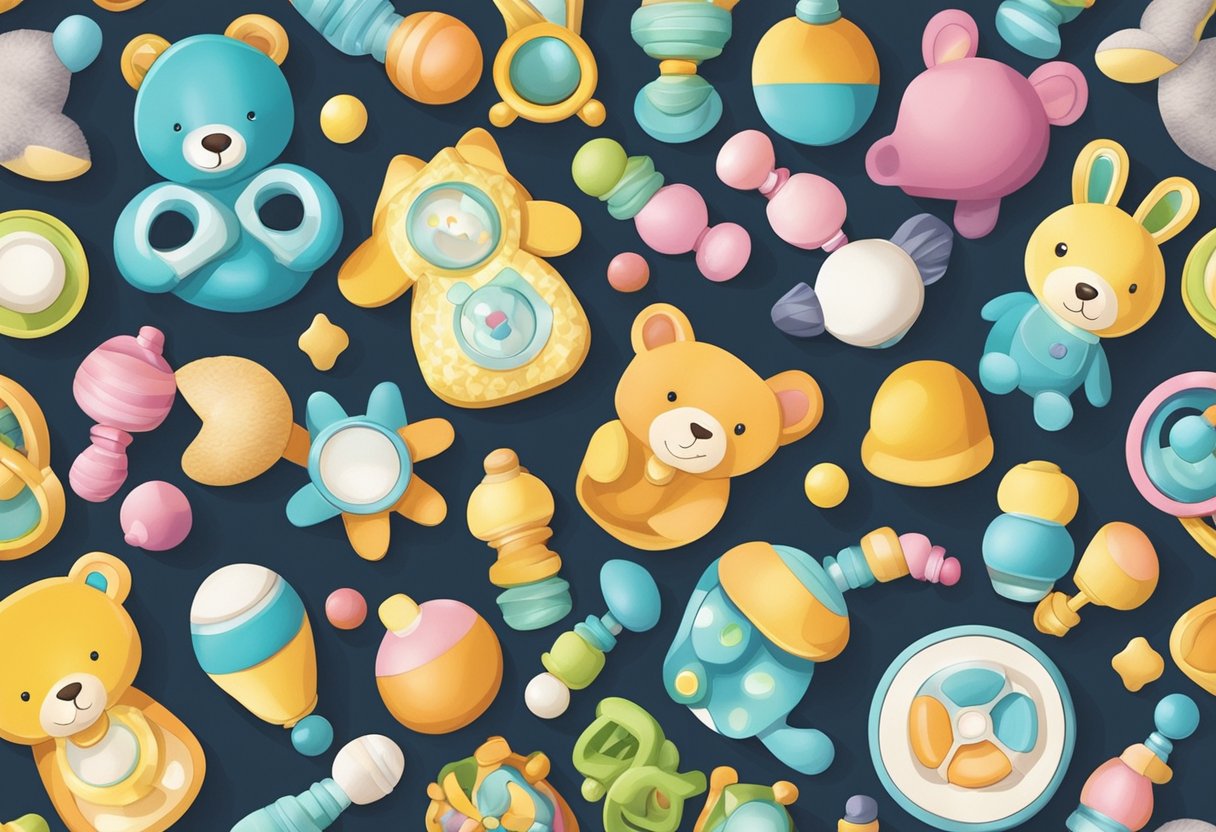 A colorful array of baby items, like rattles, pacifiers, and plush toys, arranged in a playful and inviting manner