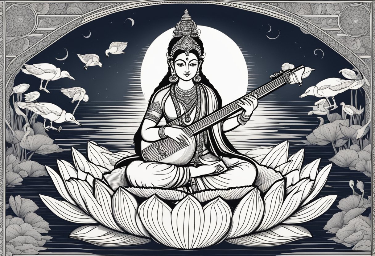 Saraswati, seated on a lotus, holds a veena and a book, surrounded by swans