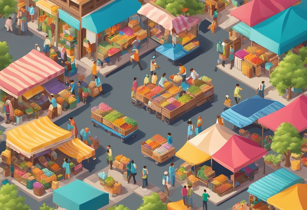 A colorful marketplace with vibrant textiles and bustling activity