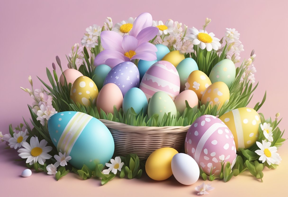 A colorful Easter basket overflowing with baby name cards surrounded by spring flowers and pastel-colored eggs