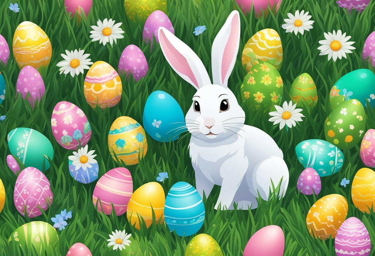 Colorful Easter eggs scattered among blooming flowers and green grass, with a bunny peeking out from behind a bush