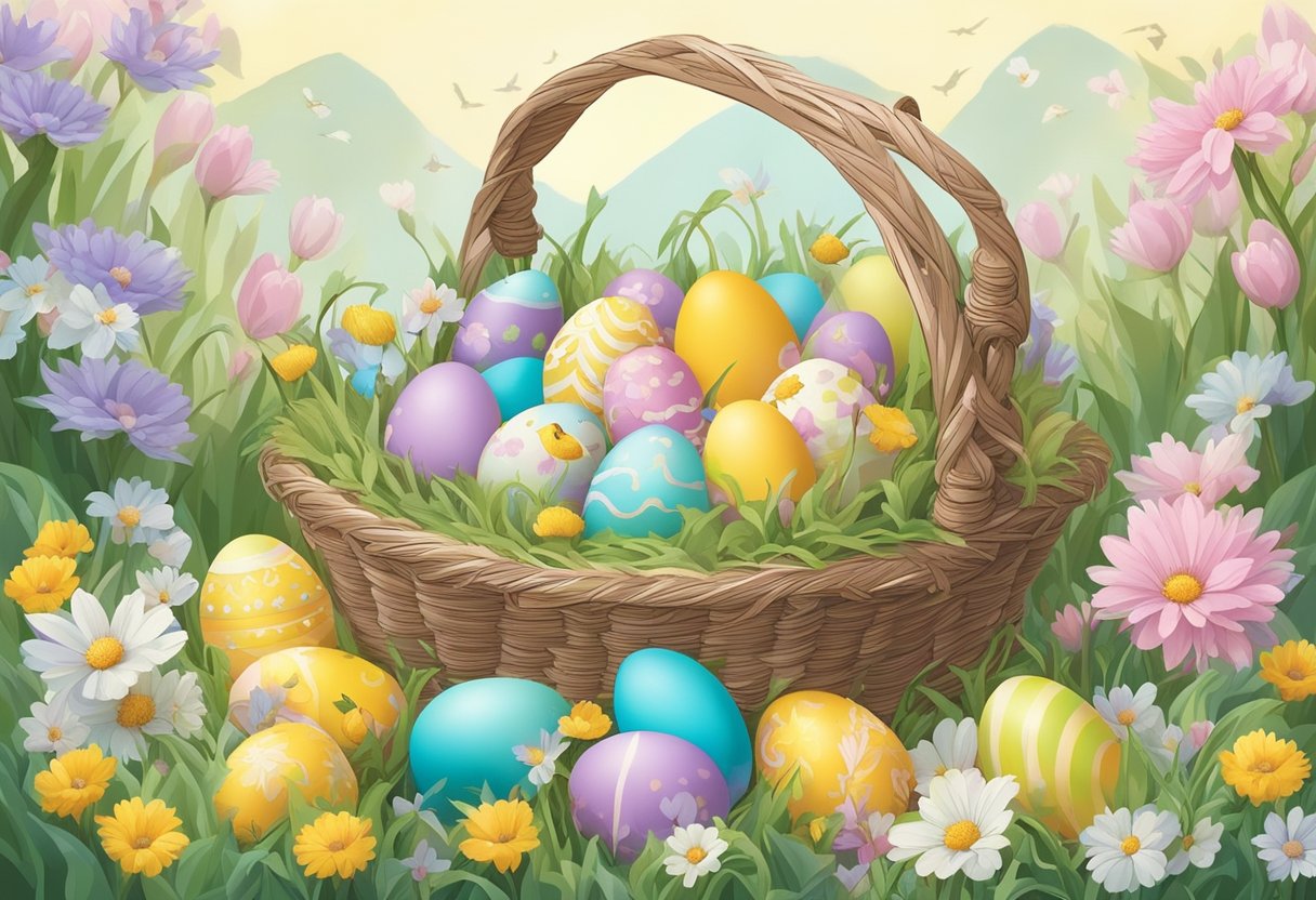 A colorful Easter basket overflowing with pastel-colored eggs, surrounded by blooming spring flowers and chirping birds