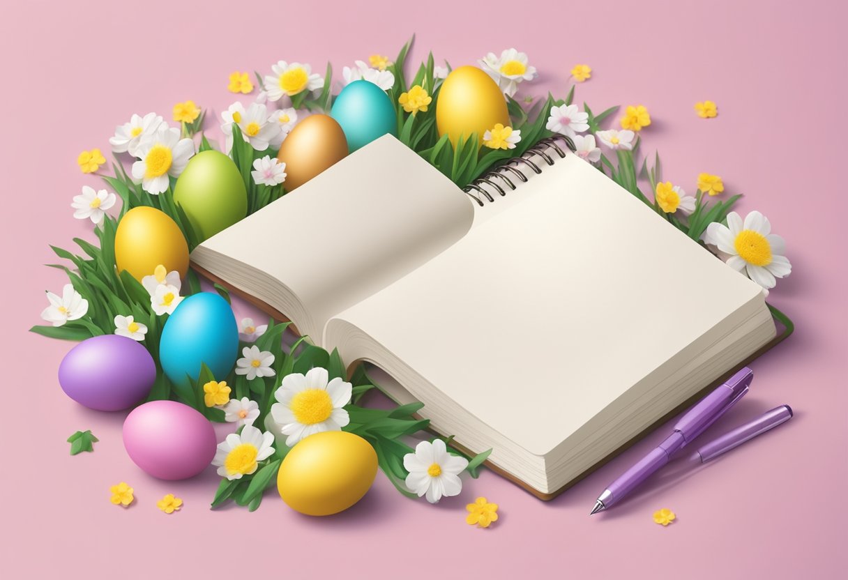 A table scattered with colorful Easter eggs and spring flowers, with a notebook and pen for brainstorming baby names