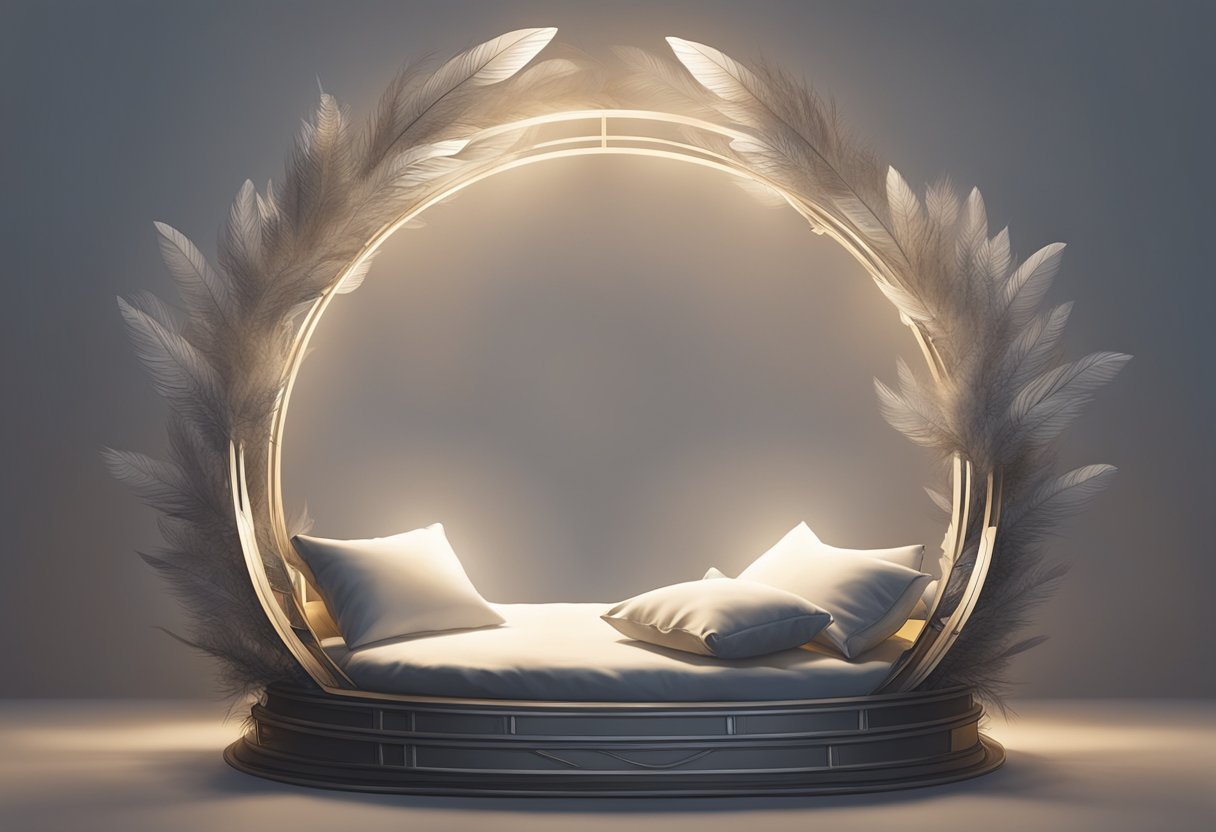 A glowing halo hovers above a cradle, surrounded by feathers and soft light