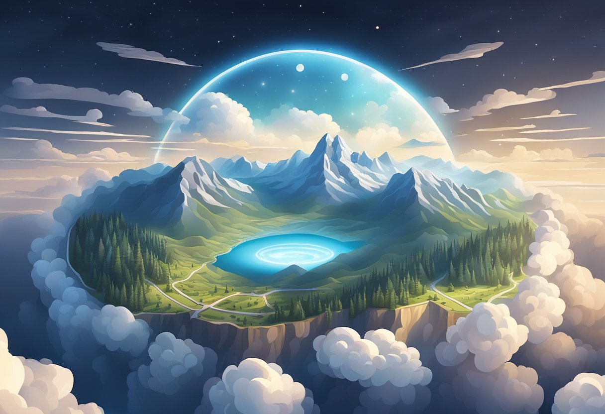 A serene, celestial landscape with soft clouds and a glowing halo, symbolizing angelic presence