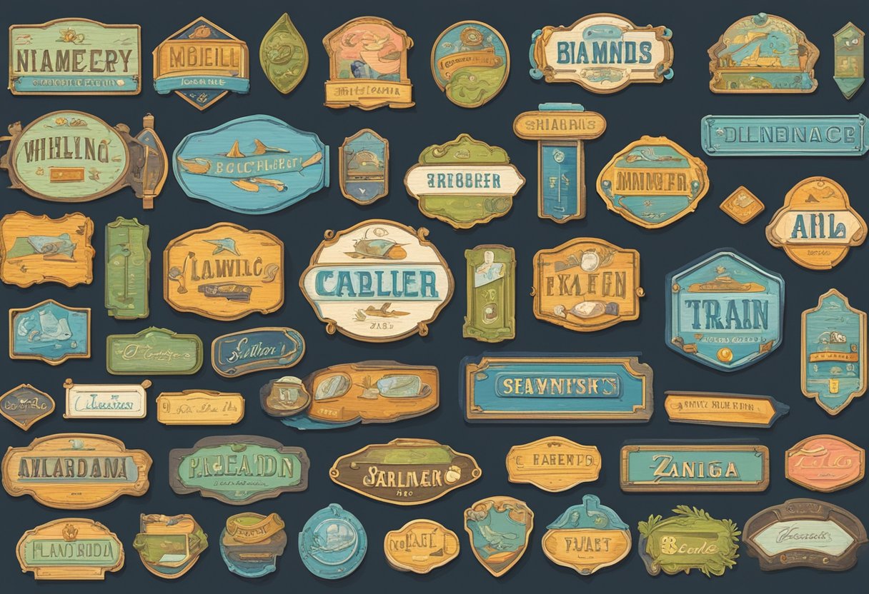 A colorful array of whimsical, vintage-inspired nameplates adorning a nursery wall
