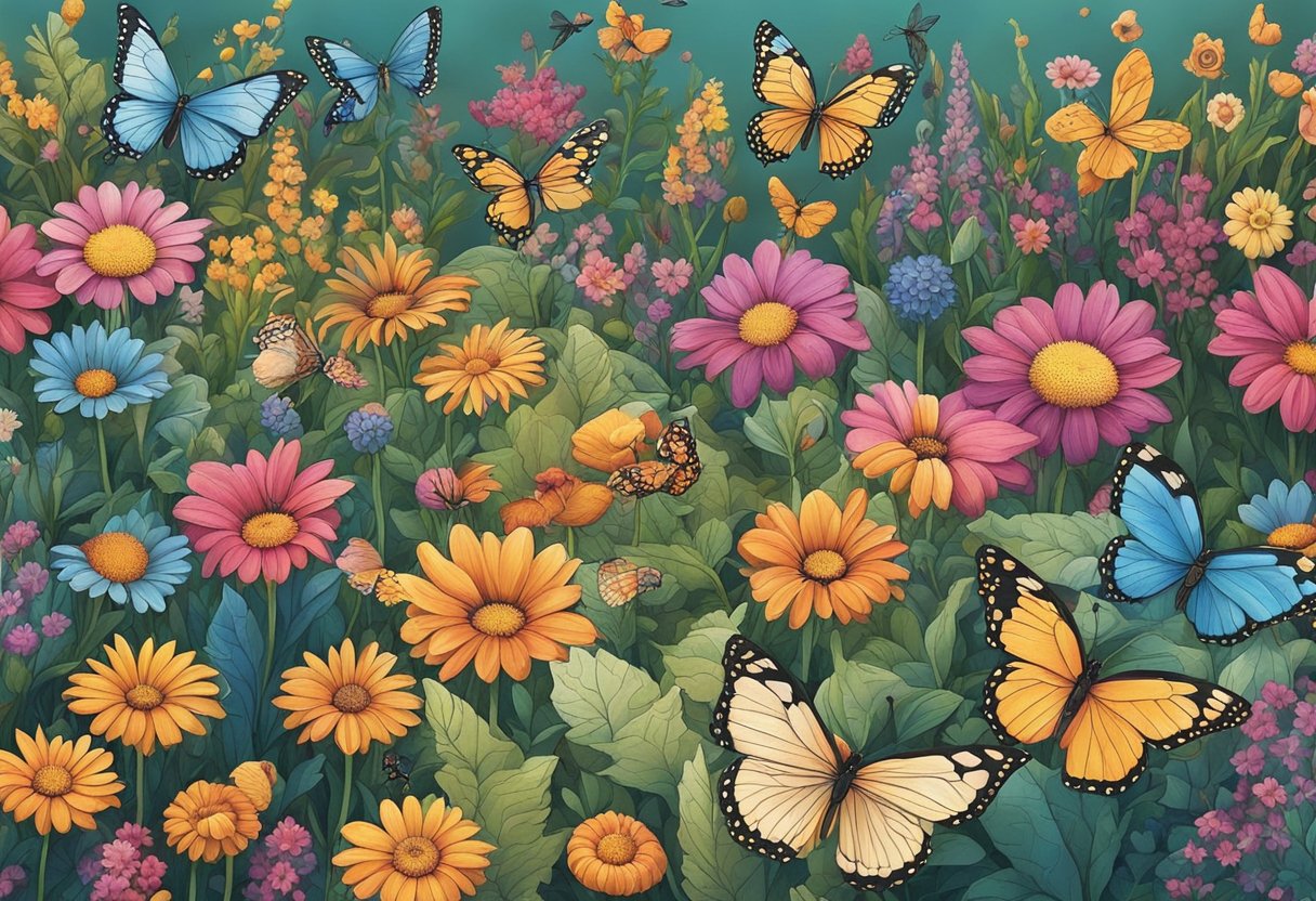A collection of colorful flowers and butterflies scattered around a whimsical garden