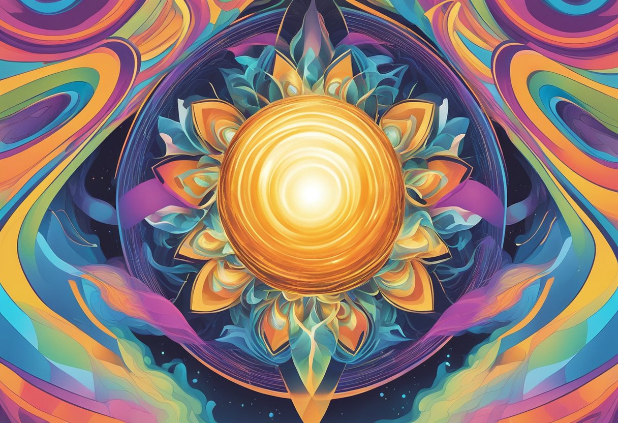 A vibrant burst of colorful energy swirling around a glowing orb, radiating life and vitality