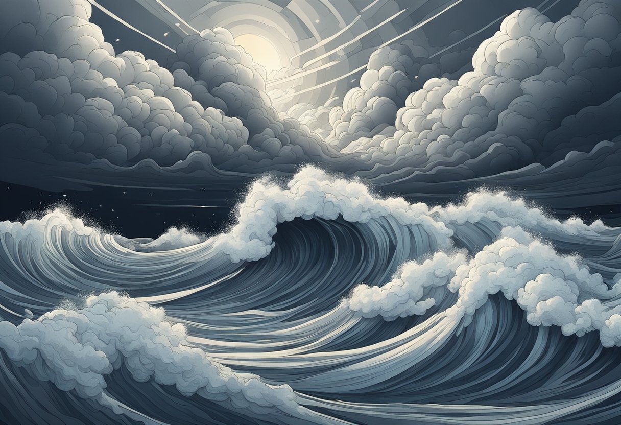 A stormy sky with swirling clouds and crashing waves, symbolizing chaos and trouble