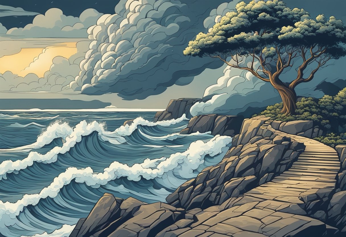A stormy sky with swirling clouds and lightning, chaotic waves crashing on a rocky shore, and a tree bending in the wind