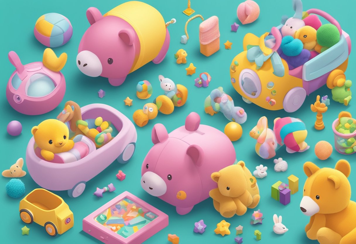 A collection of palindrome names displayed on a colorful banner, surrounded by playful baby items like rattles and plush toys
