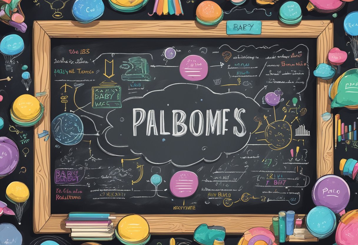 A colorful chalkboard with "Palindrome Baby Names" written in bold letters, surrounded by brainstorming bubbles and name suggestions