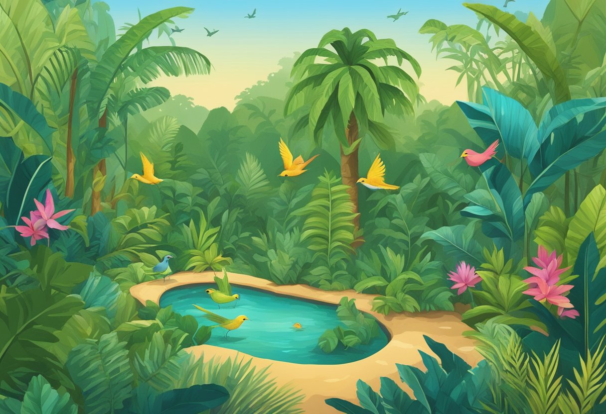 A vibrant jungle setting with colorful birds and lush vegetation, with a scroll listing exotic names for a baby boy