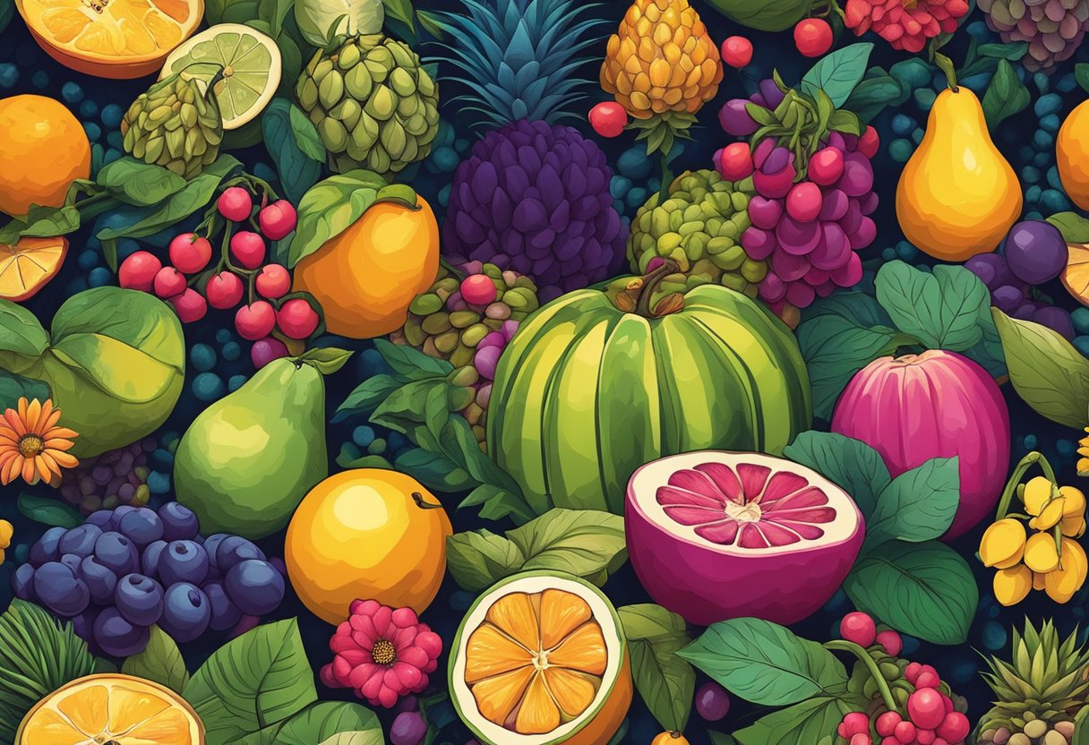 A colorful array of vibrant and exotic fruits and flowers, with a sense of adventure and mystery