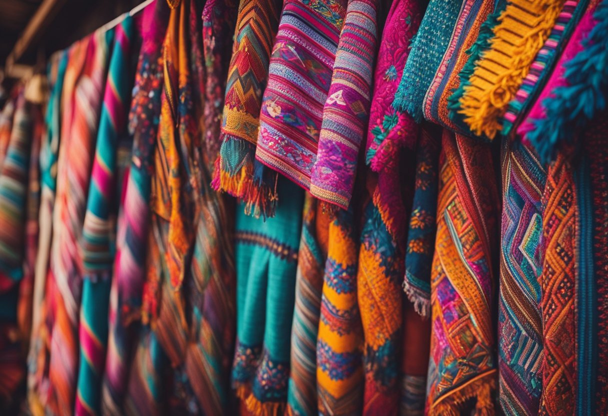 Colorful Peruvian textiles and traditional baby clothing displayed on a vibrant market stall