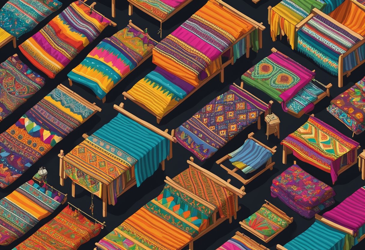 A colorful Peruvian textile market with vibrant fabrics and traditional patterns displayed on tables and hanging from stalls