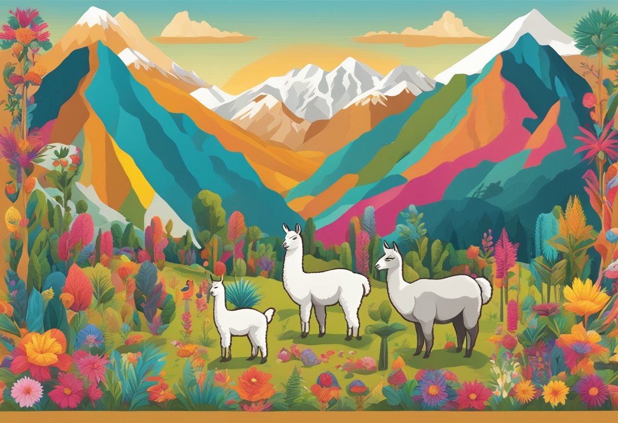 A colorful array of Peruvian cultural symbols, including llamas, mountains, and traditional textiles, surrounded by vibrant flora and fauna