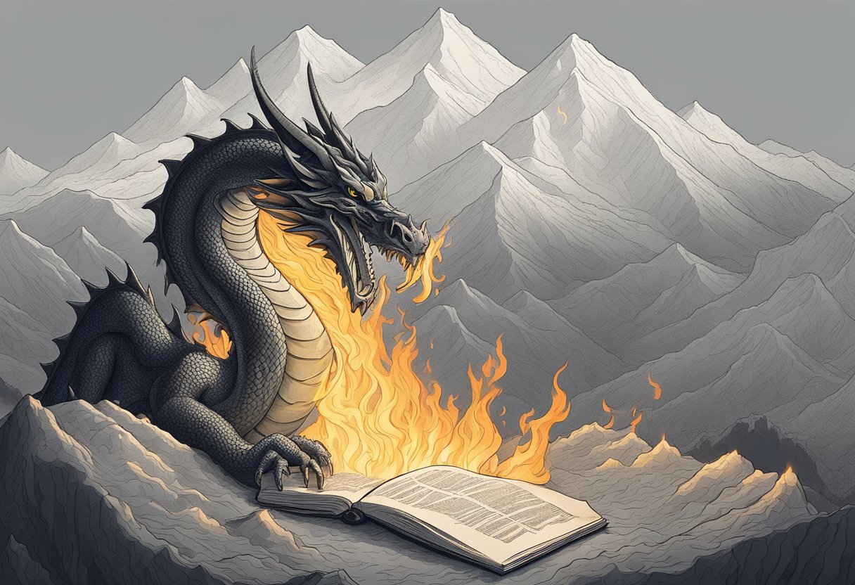 A fiery dragon breathing flames over a mountain of ancient scrolls