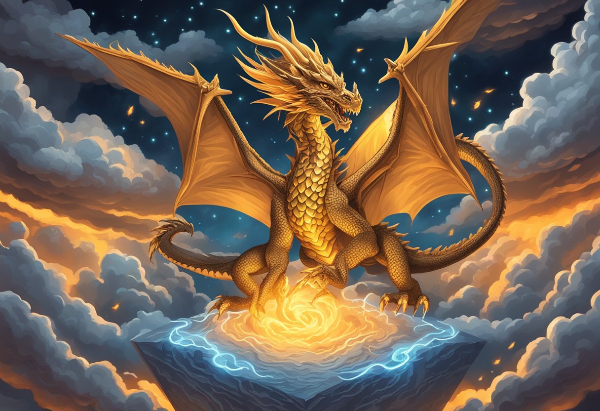 A fiery dragon breathing flames, surrounded by swirling clouds and lightning, with the words "Badass Baby Names" written in bold, edgy lettering