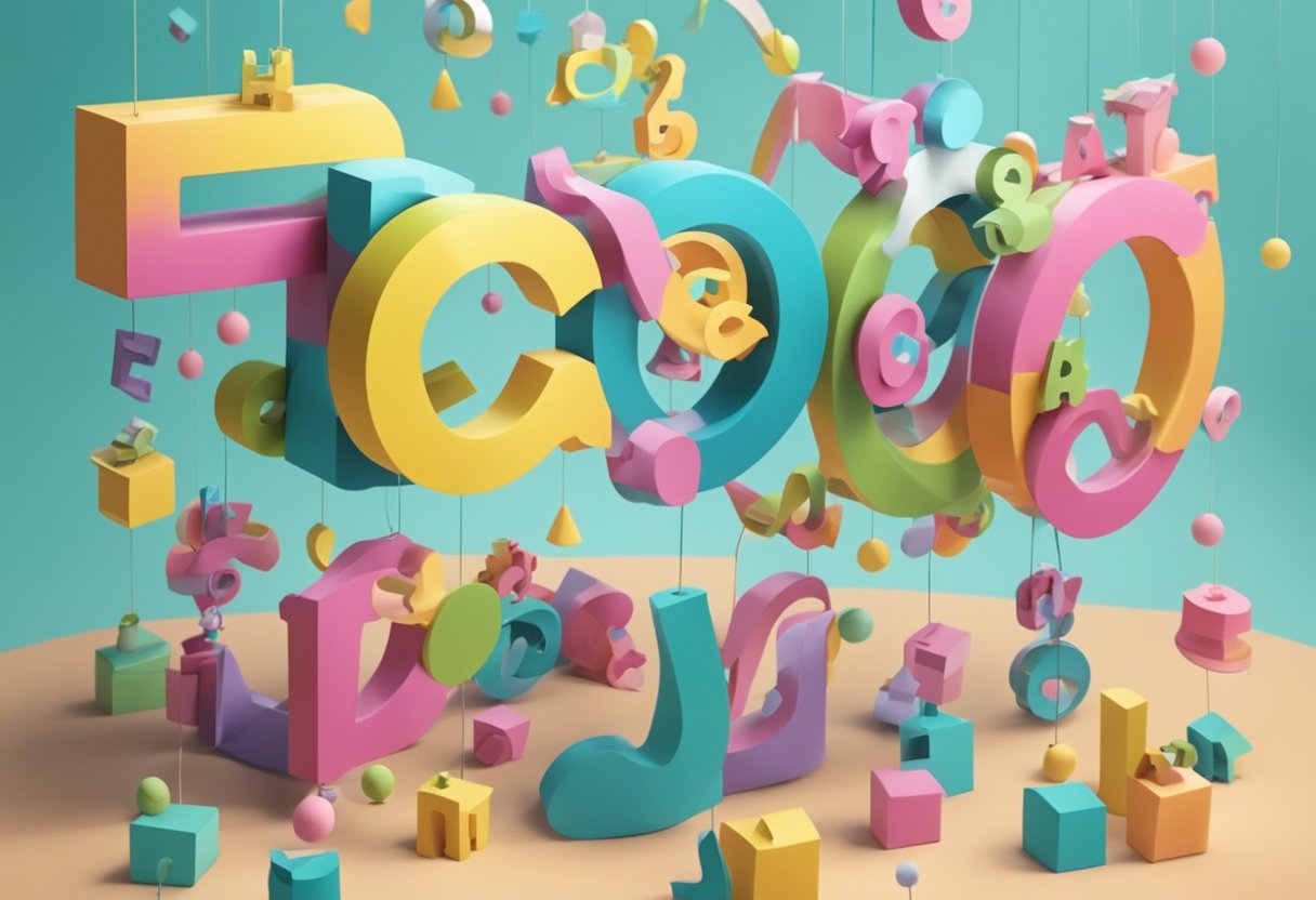 Colorful, swirling letters dance around a whimsical baby mobile, each letter representing a unique and eccentric baby name idea