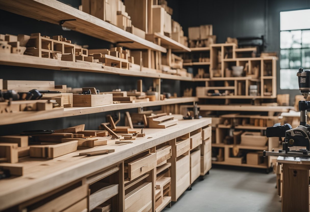 A carpentry workshop in Singapore with various woodworking tools, raw materials, and finished products neatly organized on shelves and workbenches
