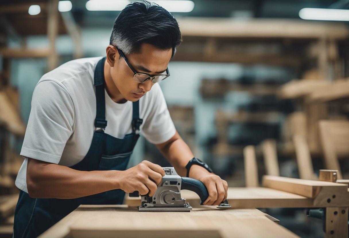 A carpenter in Singapore skillfully crafting affordable, high-quality furniture