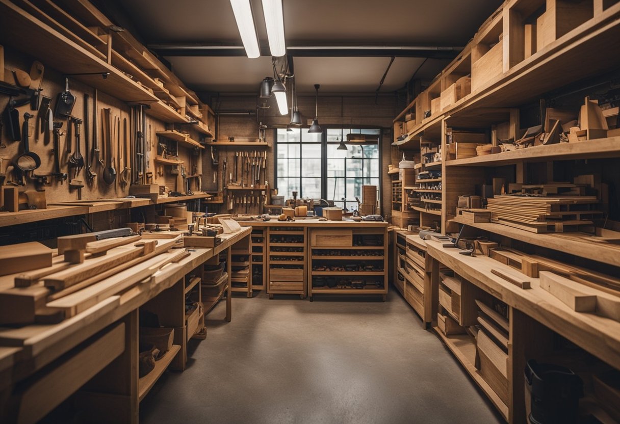 A carpenter's workshop in Singapore, bustling with activity and filled with the sound of saws and hammers. Shelves are lined with neatly organized tools and wood, while the air is filled with the scent of sawdust