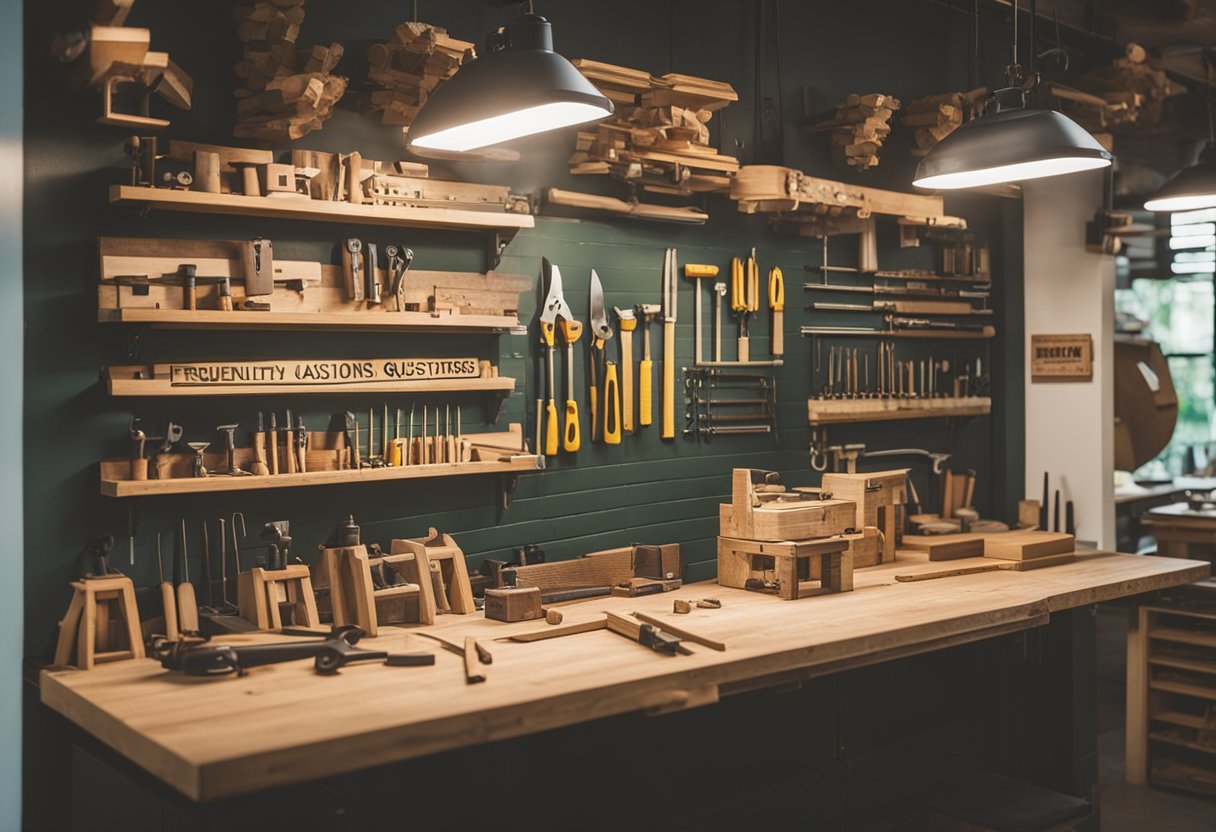 A carpentry workshop in Singapore with tools, wood materials, and a sign displaying "Frequently Asked Questions" for customers