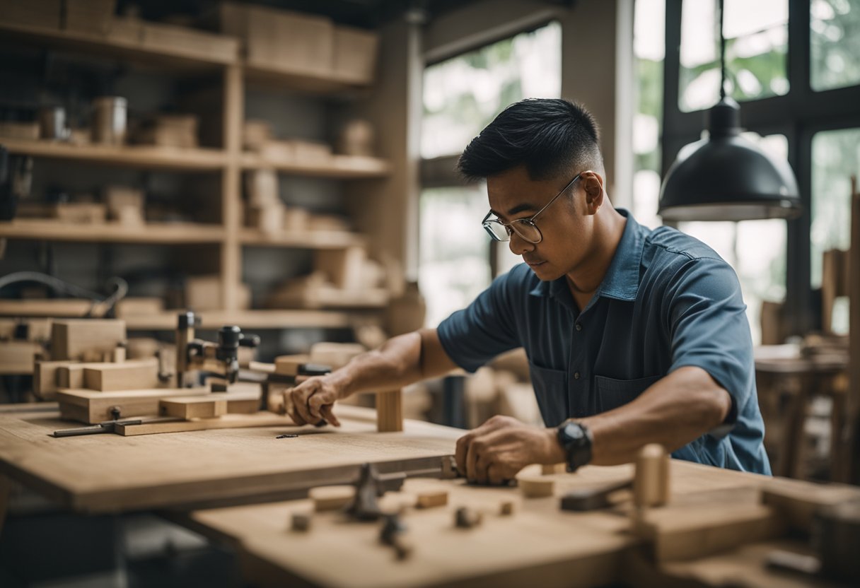 A skilled carpenter in Singapore meticulously crafting custom furniture in a well-lit workshop, surrounded by various woodworking tools and materials