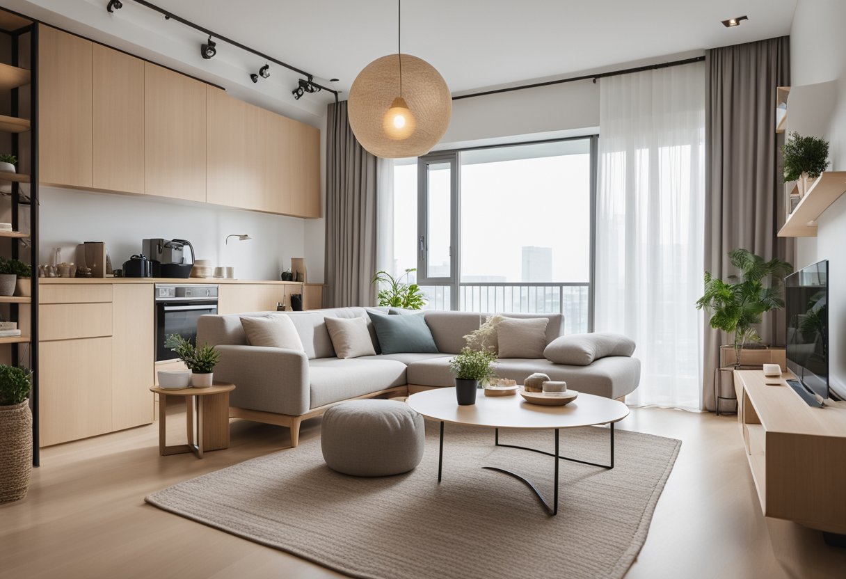 A cozy living room with minimalist Scandinavian furniture in a Singaporean apartment. Clean lines, light wood, and neutral colors create a modern and inviting space