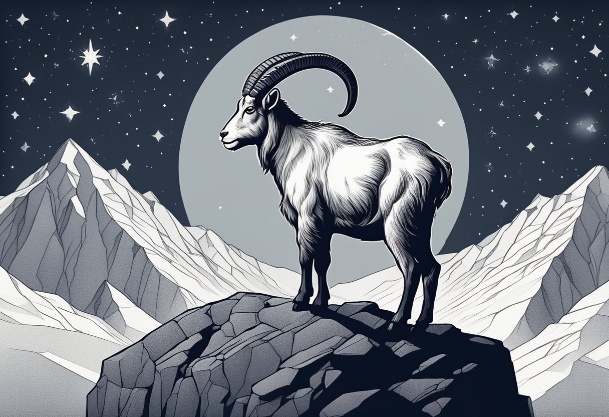 A mountain goat stands proudly on a rocky cliff, overlooking the vast expanse of the earth below. The stars twinkle in the night sky above, as the goat gazes out with a sense of determination and resilience