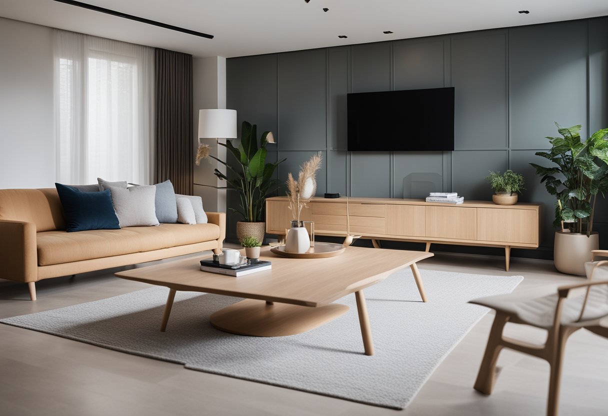 A cozy living room with sleek, minimalist Scandinavian furniture in a showroom in Singapore. Light wood tones, clean lines, and functional design