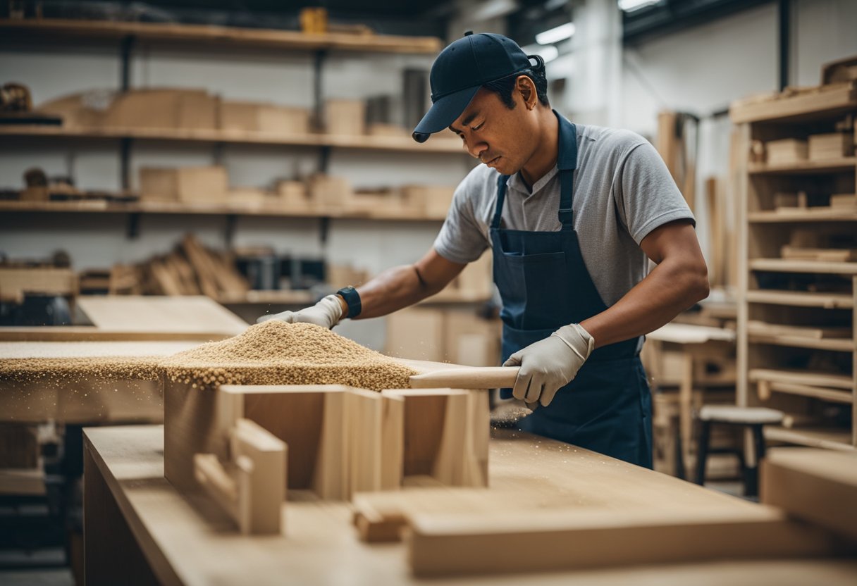 A carpentry workshop in Singapore buzzes with activity as skilled furniture carpenters meticulously craft and assemble beautiful pieces of furniture. Sawdust fills the air as the sound of tools echoes through the space