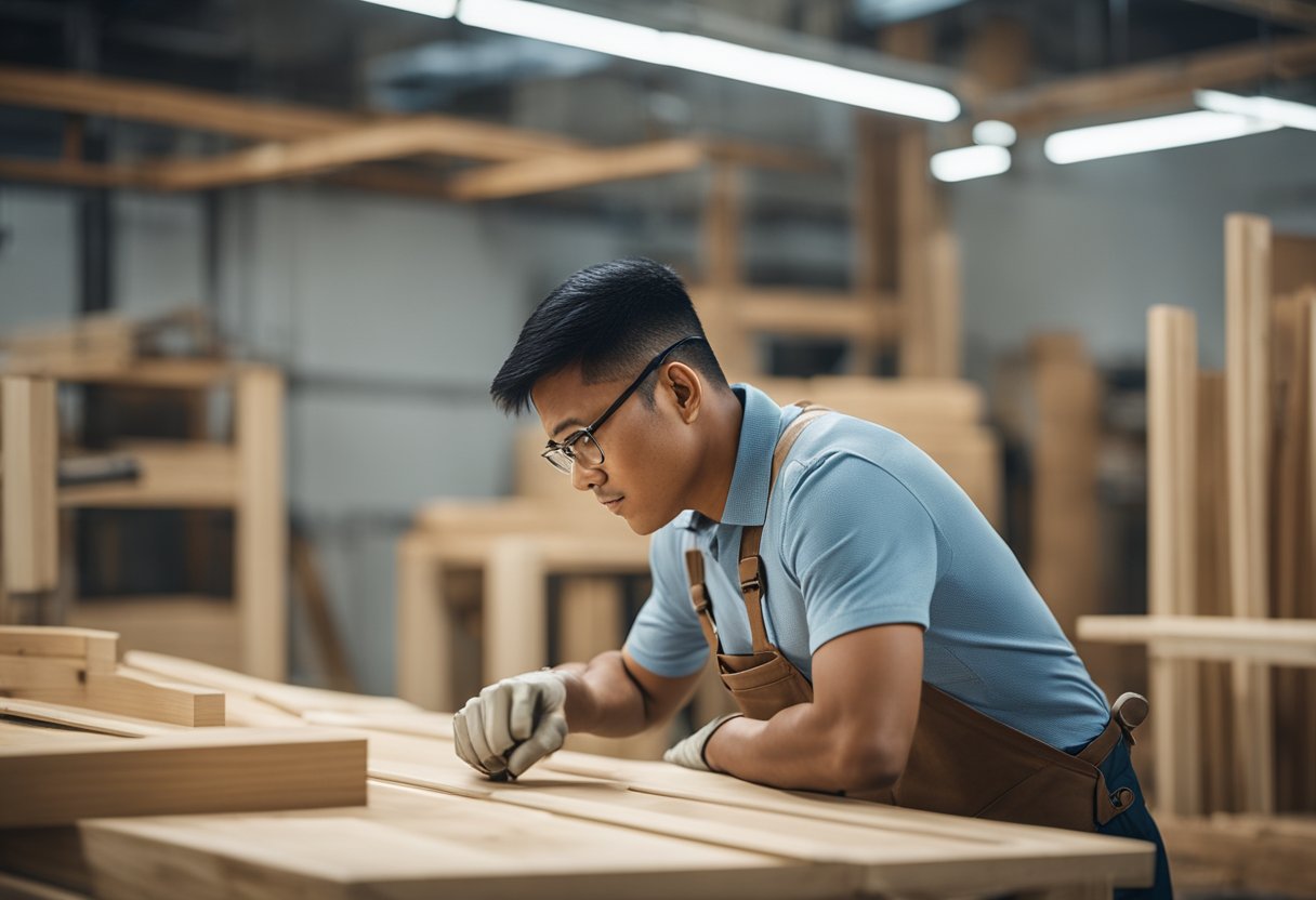 A carpenter in Singapore meticulously crafts custom carpentry furniture for a modern living space, using high-quality wood and precision tools