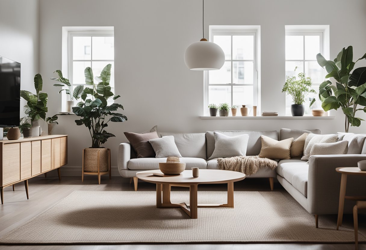 A cozy living room with minimalist Scandinavian furniture, showcasing clean lines, natural materials, and a neutral color palette